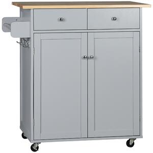 HOMCOM Rolling Kitchen Island on Wheels, Utility Serving Cart with Rubber Wood Top, Towel Rack, Hooks and Storage Drawers, Grey