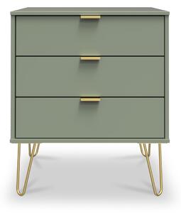 Moreno Olive Green Wooden 3 Drawer Midi Chest of Drawers with Hairpin Legs | Roseland Furniture
