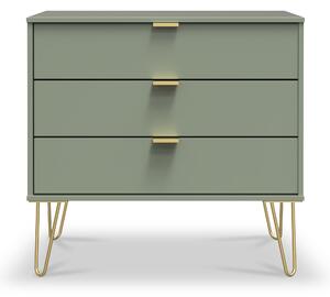 Moreno Olive Green Wooden 3 Drawer Chest with Gold Hairpin Legs | Roseland Furniture