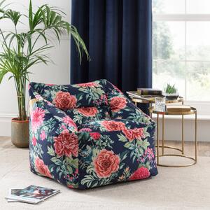 Peony Floral Square Beanbag Chair Navy Blue/Green/Pink