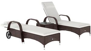 Outsunny 3 Pieces Patio Lounge Chair Set, Garden Wicker Wheeling Recliner Outdoor Daybed, PE Rattan Lounge Chairs w/ Cushions Aosom UK