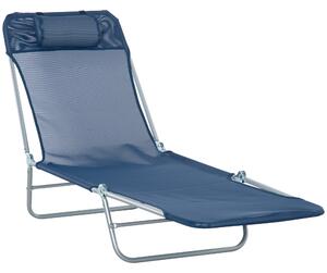 Outsunny Folding Sun Lounger with Head Pillow - Dark Blue