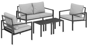 Outsunny 5 Piece Metal Garden Furniture Sofa Set with Thickened Cushions, Loveseat, 2 Armchairs, 2 Coffee Tables, Light Grey