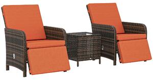 Outsunny 3 Pieces Rattan Bistro Set Balcony Furniture with Cushions, Storage Function - Orange