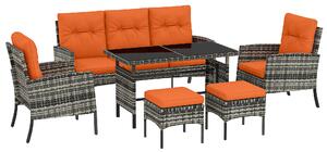 Outsunny 6 Pieces Rattan Garden Furniture Set with Dining Table and Cushions, Orange