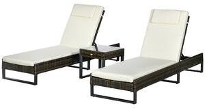 Outsunny Three-Piece Reclining Lounger Set, with Glass-Top Table - Cream