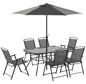 Outsunny 8 Pieces Metal Garden Furniture Set with Parasol and Folding Chairs, Patio Dining Set, 6 Seater Outdoor Table and Chairs with Tempered Glass Top, Black