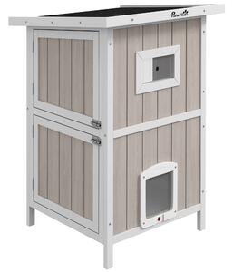 PawHut Outdoor 2 Tiers Wooden Cat Shelter w/ Removable Bottom, Escape Doors, Asphalt Roof, for 1-2 Cats - Light Grey