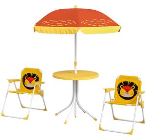 Outsunny Lion Themed Kids Outdoor Picnic Table & Chair Set, with Foldable Chairs, Adjustable Parasol, Yellow