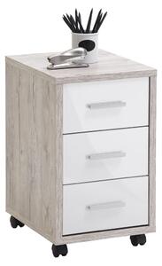 FMD Mobile Drawer Cabinet Sand Oak High Gloss White