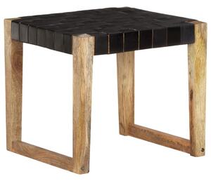 Stool Black Real Leather and Solid Mango Wood