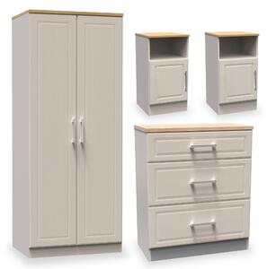 Talland 4 Piece Bedroom Set | White Grey Taupe | Wardrobe Chest Bedside