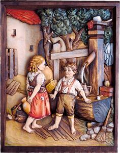Wooden relief of children at the well