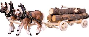 Draft horses with a wooden wagon and wood
