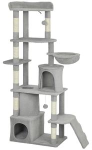 PawHut 170 cm Large Cat Tree, Cat Tower with 7 Scratching Posts, Tunnel, 2 Condos, Hammock, Perch, Ramp, Pompoms, Light Grey