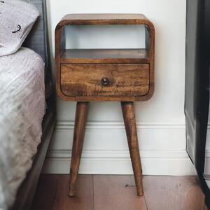 Solid Mango Wood Mini Curved Bedside Table with Drawer and Open Shelf, Desk with Aged Weathered Finish, 30L x 30W x 55H cm, Brown Aosom UK