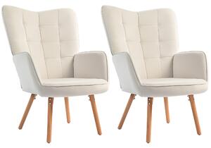 HOMCOM Modern Accent Chair Set of 2 Velvet-Touch Tufted Wingback Armchair Upholstered Leisure Lounge Sofa Club Chair with Wood Legs, Cream White