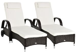 Outsunny 2PC Rattan Sun Lounger Recliner Bed Reclining Chair Patio Garden Outdoor Wicker Weave Adjustable Headrest with Fire Retardant Cushion – Brown