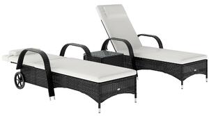 Outsunny 3 Pieces Patio Lounge Chair Set Garden Wicker Wheeling Recliner Outdoor Daybed, PE Rattan Lounge Chairs w/ Cushions & Side Coffee Table Black