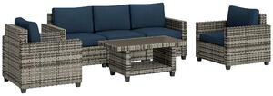 Outsunny 6 Pieces Rattan Garden Furniture Set, 5 Seater Wicker Outdoor Furniture Set with 2 Armchairs, Steel Frame Coffee Table and Cushions for Balcony, Porch, Navy Blue