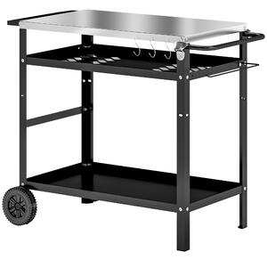 Outsunny BBQ Trolley with Stainless Steel Top Adjustable Shelf, Outdoor Kitchen BBQ Station with Hooks Seasoning Tray Towel Rack, Pizza Oven Table Movable Outdoor Grill Dining Cart with Cover, Black