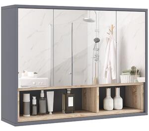 HOMCOM Bathroom Mirror Cabinet, Wall Mounted Bathroom Cabinet with Mirror, 3 Doors and Cupboards, Grey