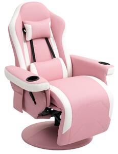 HOMCOM Manual Recliner Armchair PU Leather Lounge Chair w Adjustable Leg Rest, 135° Reclining Function, 360° Swivel, Pink