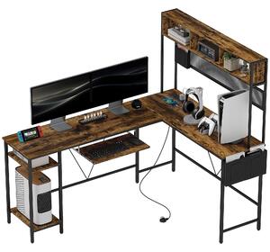 HOMCOM 160cm Reversible L Shaped Desk with Power Outlet, Industrial Corner Desk with Storage Shelves and Keyboard Tray, 240cm Long Computer Desk for 2 Person, Rustic Brown