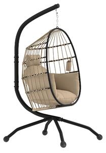 Outsunny Hanging Egg Chair Outdoor Indoor Garden Swing Chair with Folding Basket and Thickened Cushion, Garden Hanging Chair with Stand, Headrest, Cup Holder for Patio, Balcony, Khaki