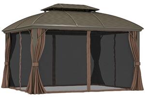 Outsunny 3.65 x 3(m) Hardtop Steel Gazebo Canopy with Aluminium Frame, Double Roof, Net Sidewalls and Curtains, Coffee