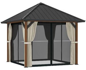 Outsunny 3 x 3(m) Hardtop Gazebo with Galvanised Steel Roof and Water Gutter, Waterproof Permanent Pavilion Garden Gazebo with Netting and Curtains for Patio, Deck, Walnut Wood Finish