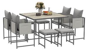 Outsunny 9 Piece Garden Dining Set, Cube Outdoor Garden Furniture Set with Cushions, 8 Seater Garden Table and Chairs with 4 Stools, Square PSPC Plastic Top Table, Side Pockets for Patio, Grey