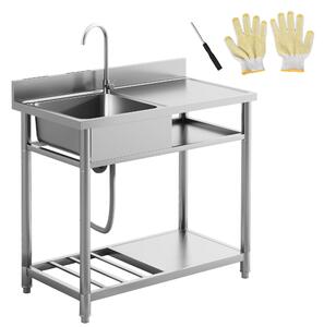 HOMCOM Outdoor Stainless Steel Kitchen Sink, Freestanding Sink Single Bowl with Cold and Hot Water Pipe and Storage Shelves