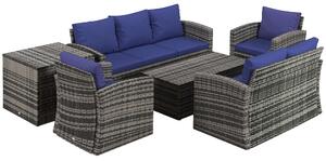 Outsunny 6 Pieces Rattan Garden Furniture Set, 7 Seater Wicker Outdoor Furniture Set with Storage Tea Table & Side Table, Sectional Garden Sofa Set with Cushions, Navy Blue