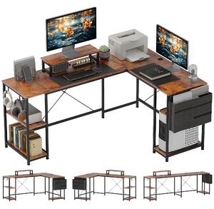 HOMCOM 168cm Reversible L Shaped Desk, Industrial Corner Computer Desk with Adjustable Shelf and Storage Bag, 240cm 2 Person Desk with Monitor Stand, Rustic Brown