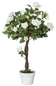 Outsunny 90cm/3FT Artificial Rose Tree Fake Decorative Plant w/ 21 Flowers Pot Indoor Outdoor Faux Decoration Home Office Décor White Green Aosom UK