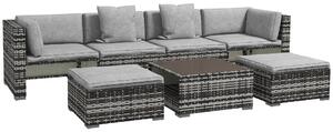 Outsunny 7-Piece Rattan Patio Furniture Set with Sofa, Footstools, Coffee Table, Side Shelves, Cushions, Pillows, Mixed Grey
