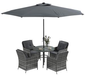 Outsunny 6 Pieces Garden Dining Set, 4 Seater Rattan Dining Set Outdoor with Umbrella, Cushions, Tempered Glass Top Table Aosom UK