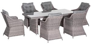 Outsunny 7 PCS Outdoor PE Rattan Dining Table Set, Patio Wicker Aluminium Chair Furniture w/ Tempered Glass Table Top, Grey