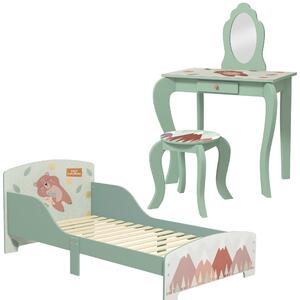 ZONEKIZ Toddler Bed Frame, Kids Dressing Table with Mirror and Stool, Cute Animal Design Kids Bedroom Furniture Set for Ages 3-6 Years, Green