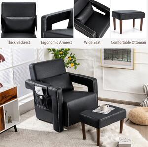 Costway Upholstered Padded Accent Chair with Footstool and Lumbar Pillow-Black