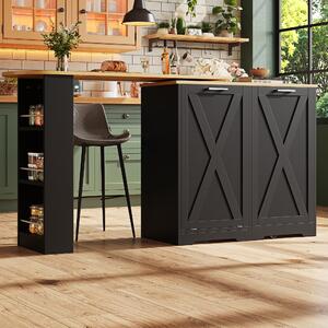 360° Rotating Kitchen Island with Folding 3D Textured Doors and Side Shelves, Swivel Sideboard for Kitchen, 138L x 38W x 105.5H cm, Black Aosom UK