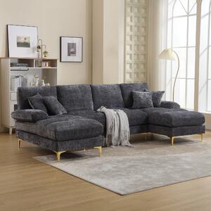 U-Shaped Modular Sofa with Pillows, Double Chaise, Rubber Pads, Chenille Fabric Sectional Couch for Living Room, 272L x 136W x 88H cm, Gray Aosom UK