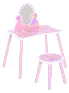 HOMCOM Kids Dressing Table Girls Pink Wooden Kids Dressing Table & Stool Make Up Desk Chair Toys Fairy Dresser Play Set w/Mirror Aosom UK
