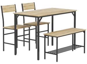 HOMCOM Dining Room Sets with 2 Chairs and a Bench, Dining Table and Chairs Set with Steel Frame and Storage Layer, Natural Wood Aosom UK