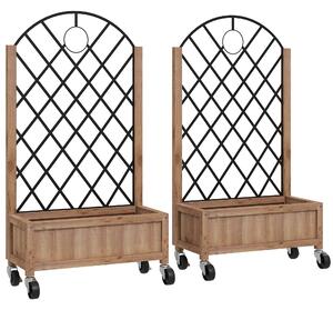 Outsunny Raised Garden Bed with Metal Trellis, Pack of 2 Wooden Elevated Planter Box with Wheels and Drainage Holes, Outdoor Raised Planter for Climbing Plants, Fruits, Vegetables, Flowers, Brown
