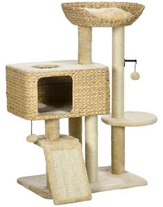 PawHut 95cm Cat Tree Tower for Indoor Cats, with Scratching Post, Cat House, Toy Ball, Platform - Beige