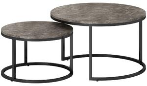 HOMCOM Industrial Nesting Coffee Table Set of 2, Round Coffee Tables, Living Room Table with Faux Marbled Top and Steel Frame