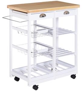 HOMCOM Rolling Kitchen Island Trolley Cart Drawer Shelves Basket Wheels W/ 6 Bottle Wine Rack White Aosom UK