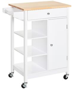 HOMCOM Kitchen Trolley, Wood Top, 3 Shelves, with Cupboard Drawer Rail, 4 Wheels & Handles, Handy Spacesaver, White Aosom UK
